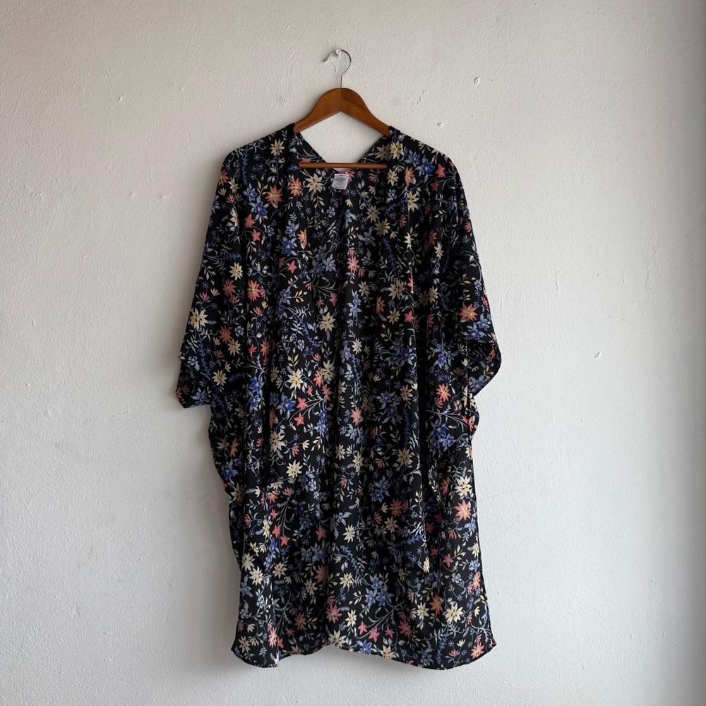 Womens One Size Black Floral Kimono Cardigan Duster Open Front Lightweight Boho